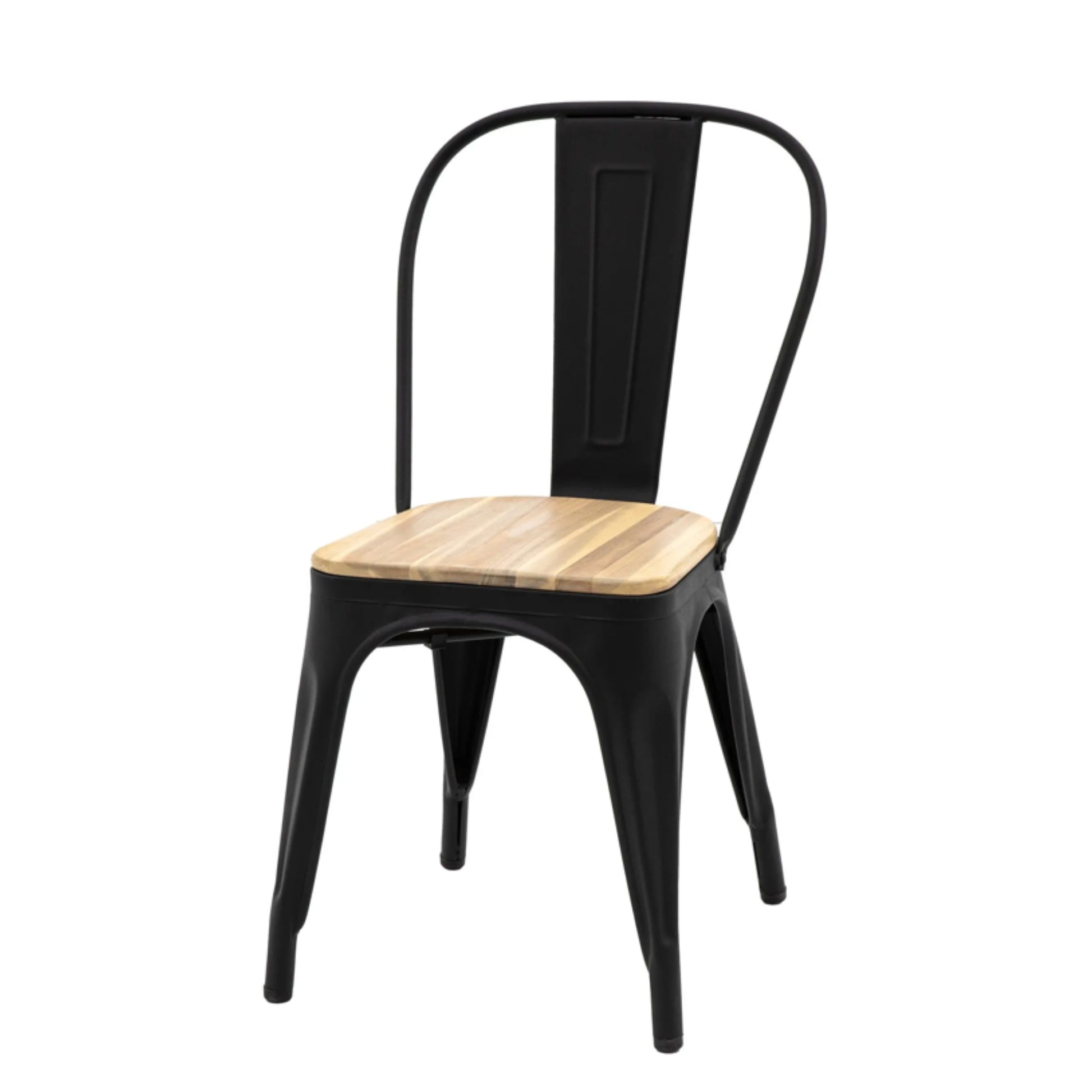 Black metal chair with a wooden seat on a white background