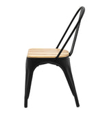 Black metal chair with a wooden seat on a white background