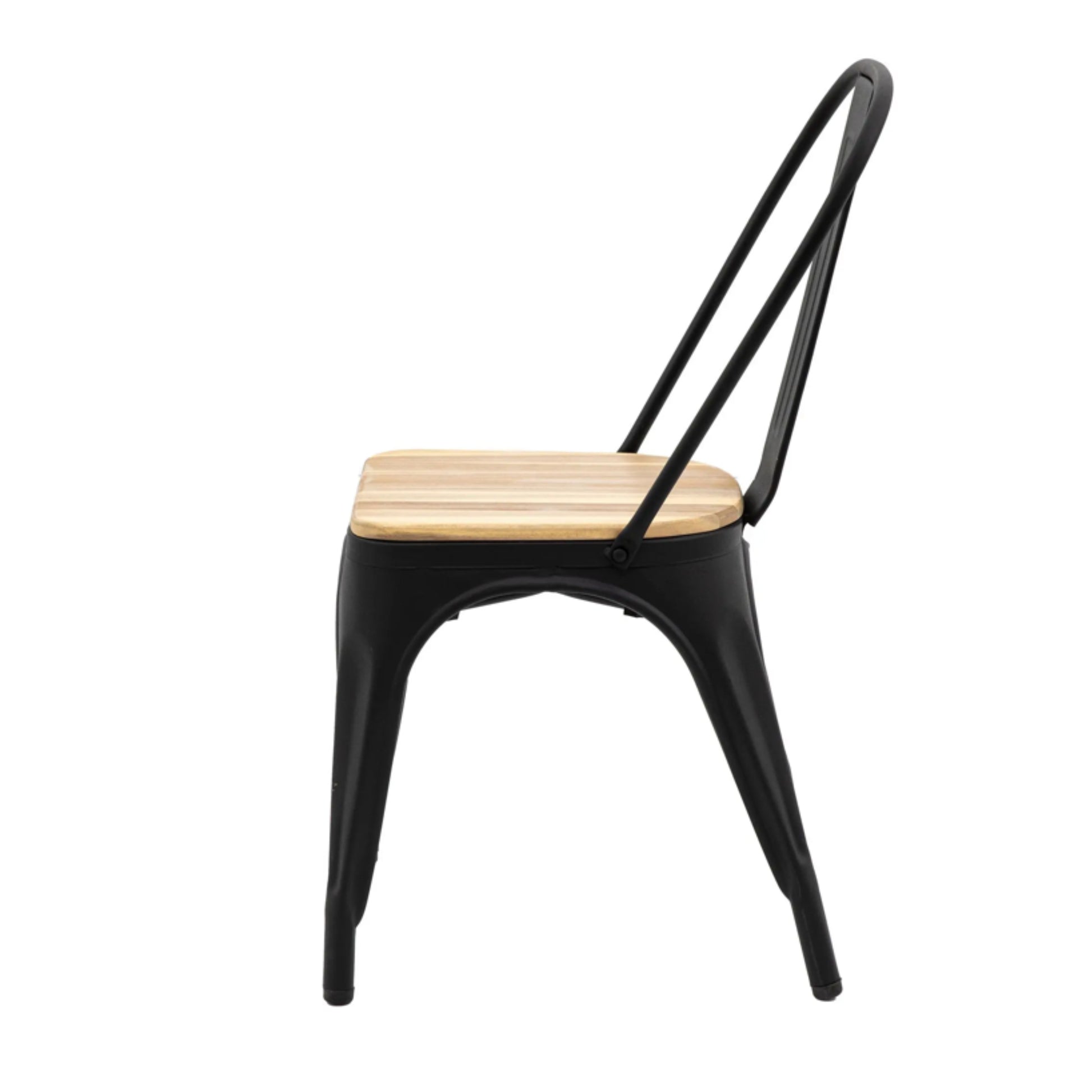 Black metal chair with a wooden seat on a white background