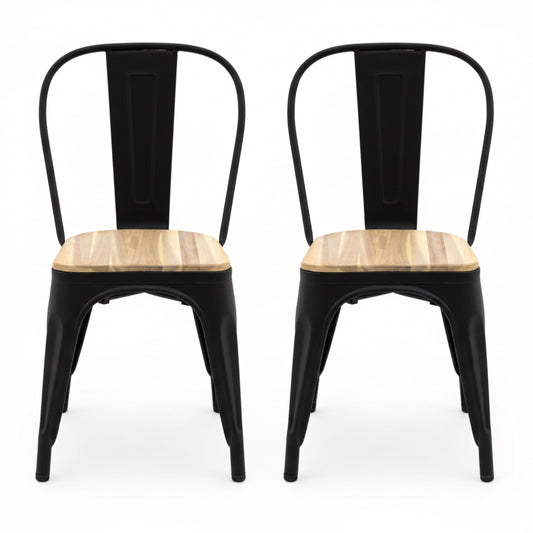 Black metal chair with a wooden seat on a white background