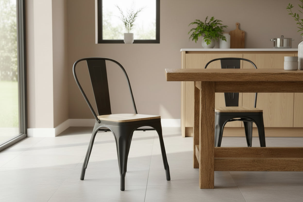 Dining area with wooden table and black metal chairs in a modern kitchen.
