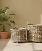 Two wicker baskets and a potted plant on a wooden floor with a beige wall.