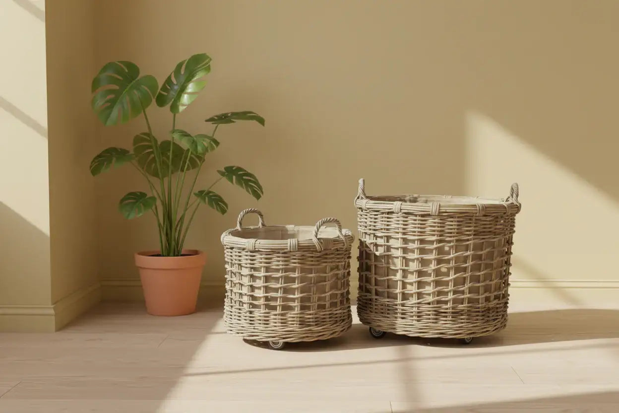 Two wicker baskets and a potted plant on a wooden floor with a beige wall.