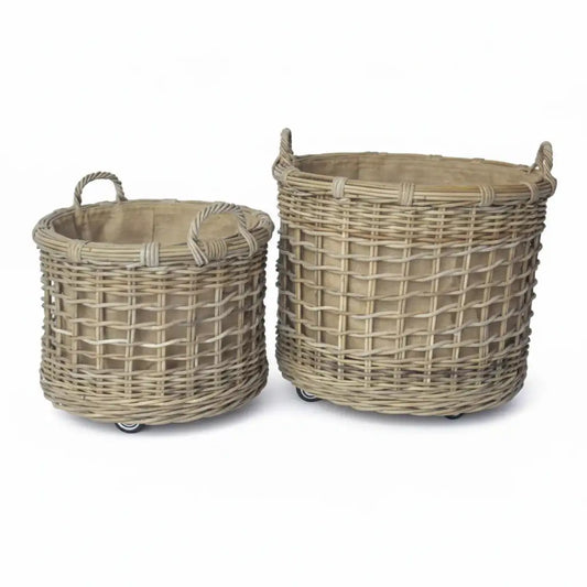 Two woven baskets with handles on a white background