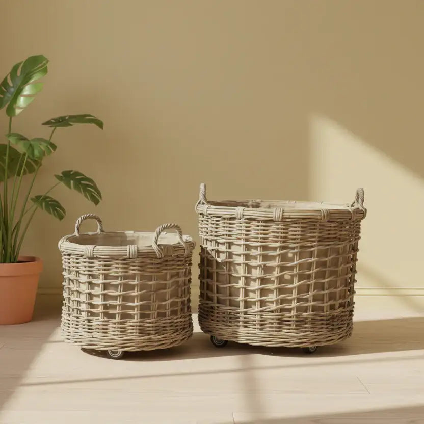 Two wicker baskets with wheels on a wooden surface next to a plant against a beige wall.