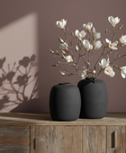 Set of Two Matt Black Textured Metal Vases