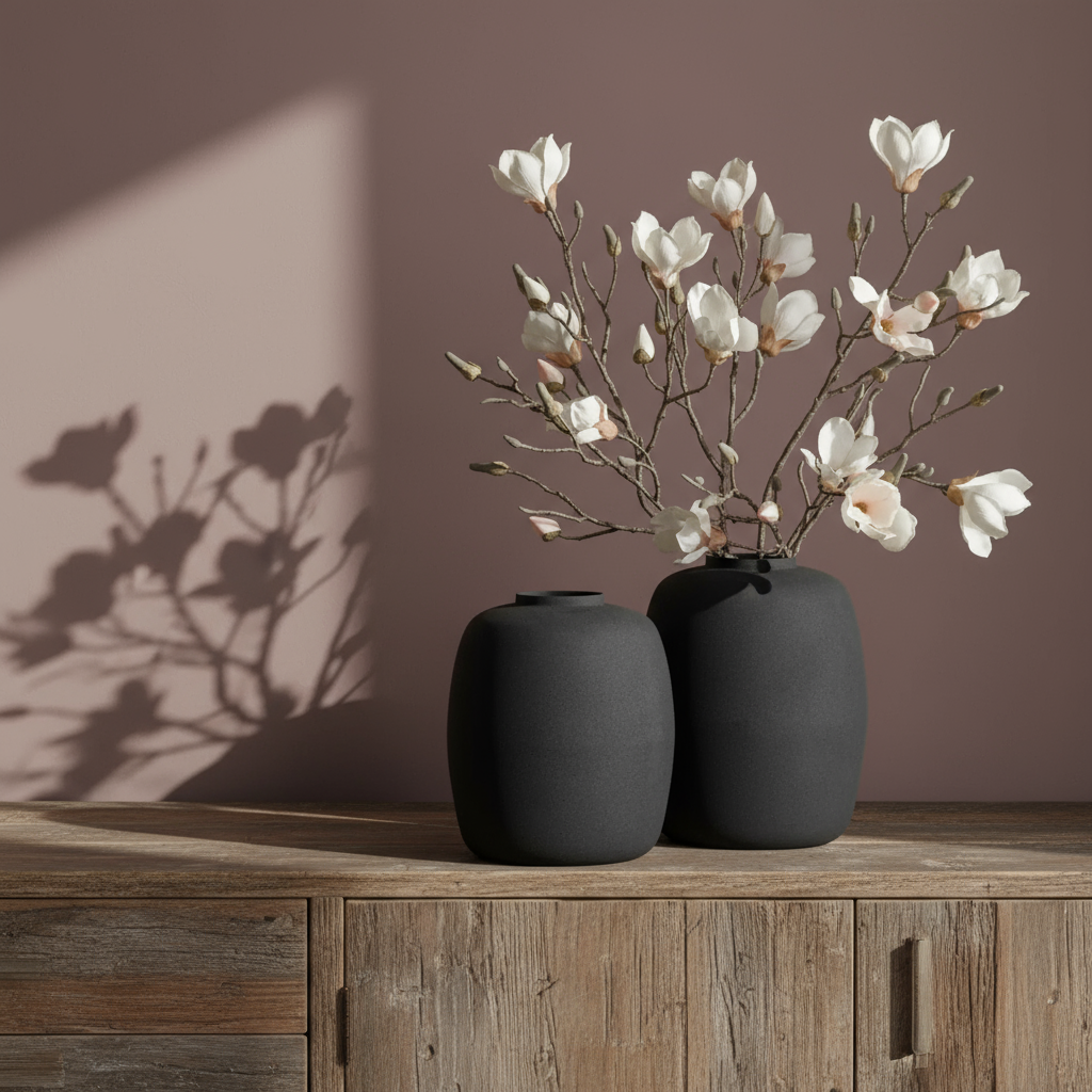 Set of Two Matt Black Textured Metal Vases