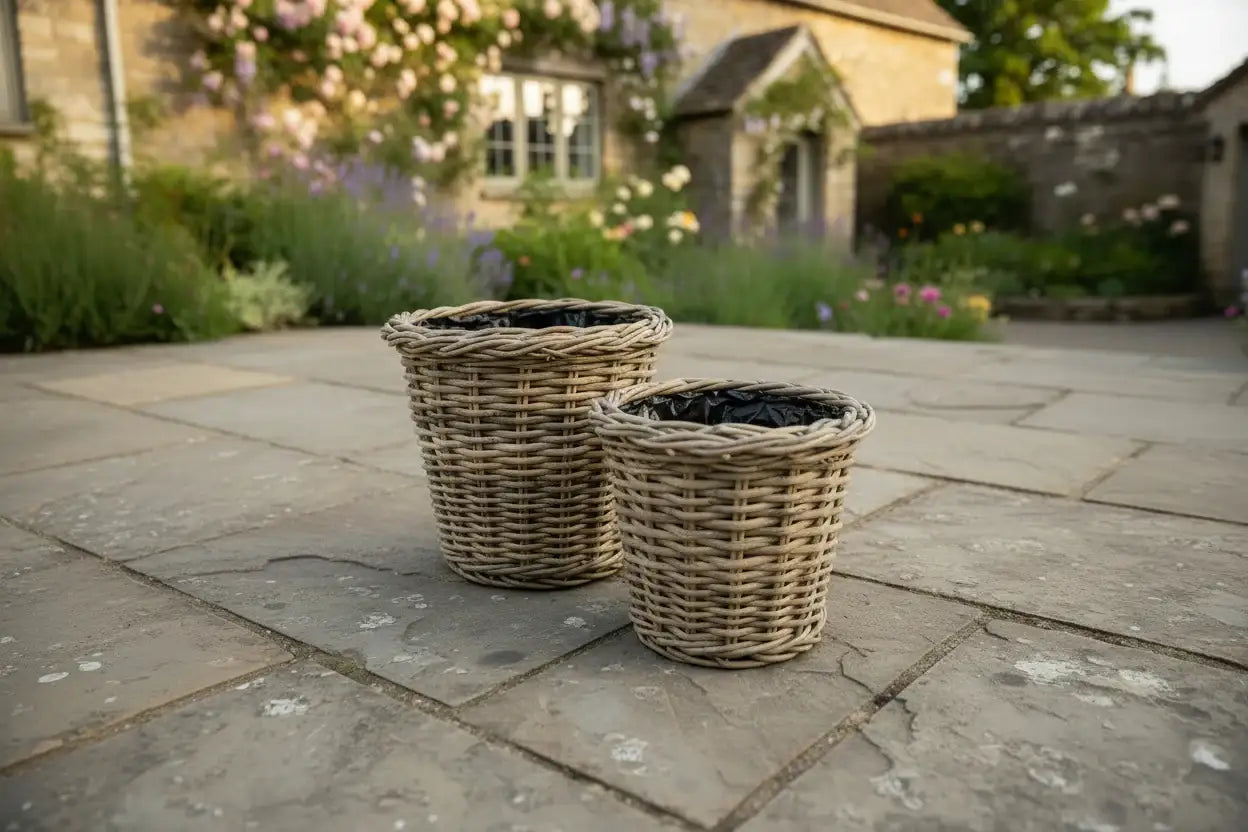 Two wicker planters on a stone patio with a garden and house in the background.