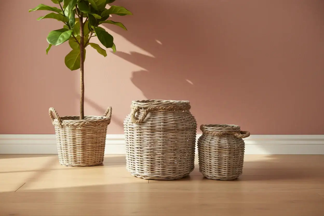 Three woven baskets with a plant on a wooden floor against a pink wall.