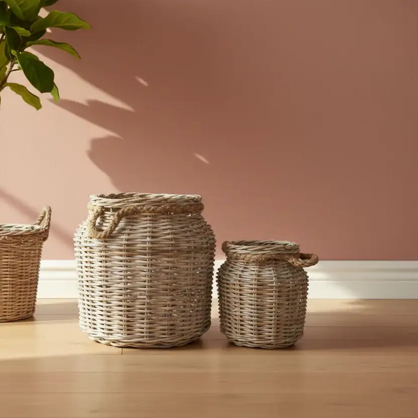 Three woven baskets of different sizes on a wooden floor with a pink wall in the background.