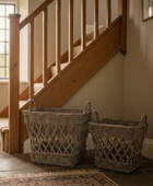 Set of Two Rustic Square Open Weave Rattan Baskets