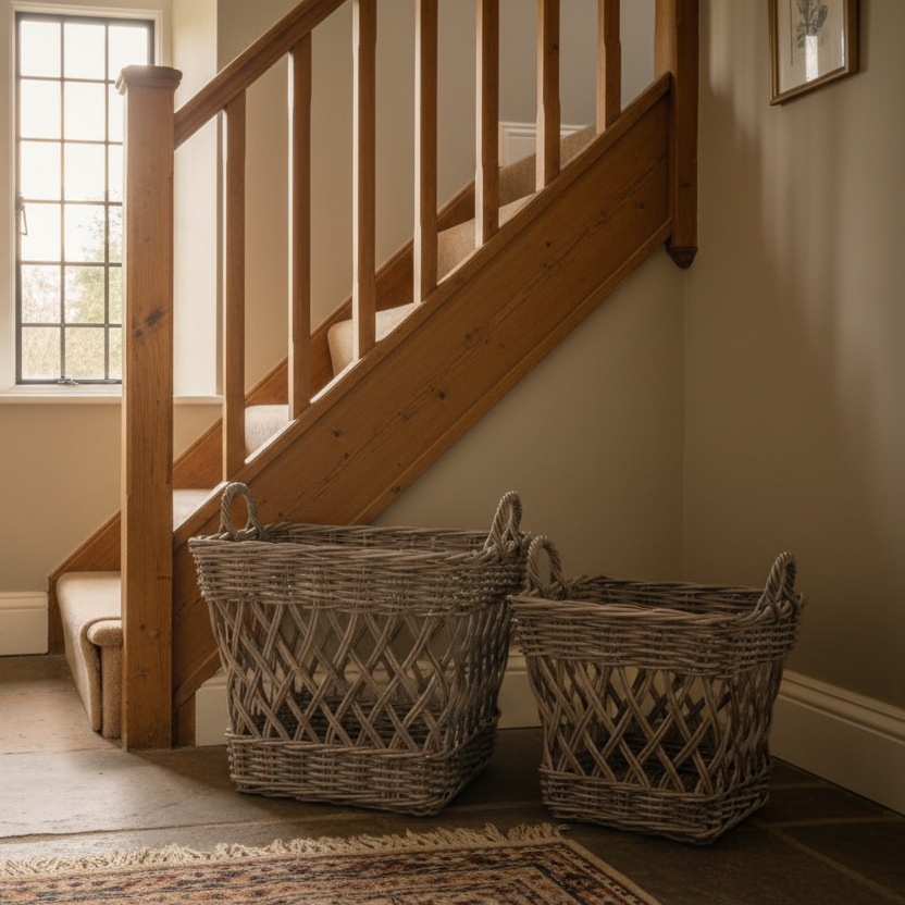 Set of Two Rustic Square Open Weave Rattan Baskets