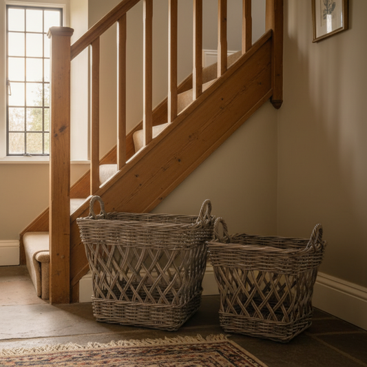 Set of Two Rustic Square Open Weave Rattan Baskets