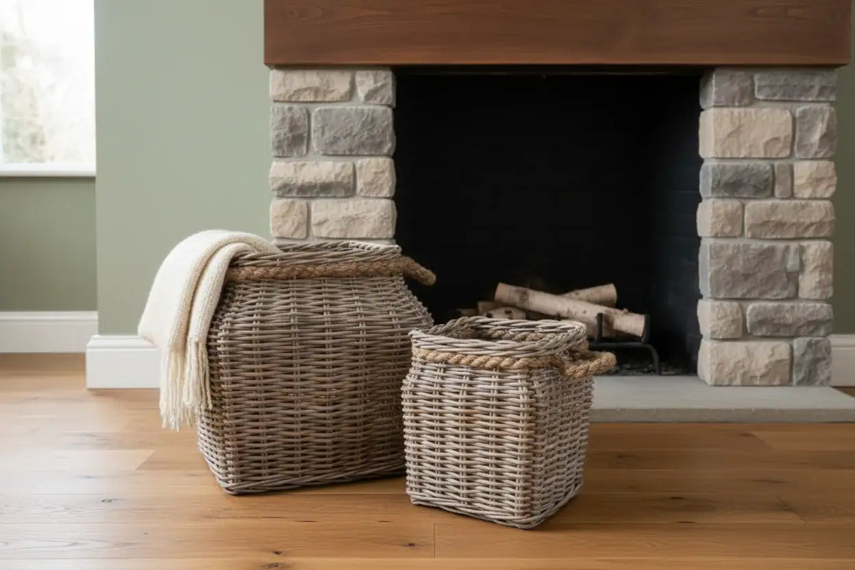 Two woven baskets in front of a stone fireplace.