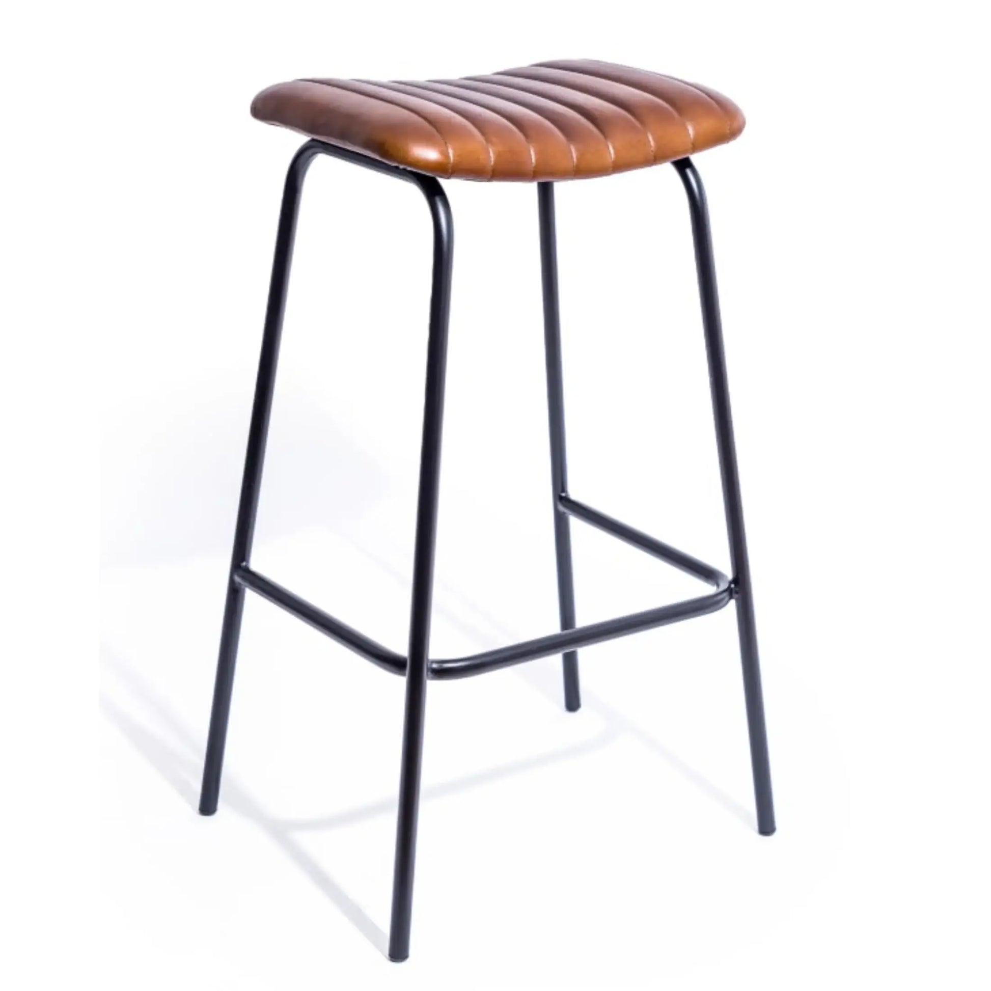 Bar stool with wooden seat and black metal frame on a white background