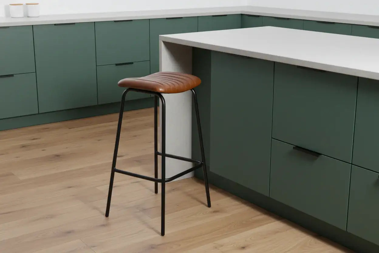 Set of Two Tan Leather & Metal Counter Stools
