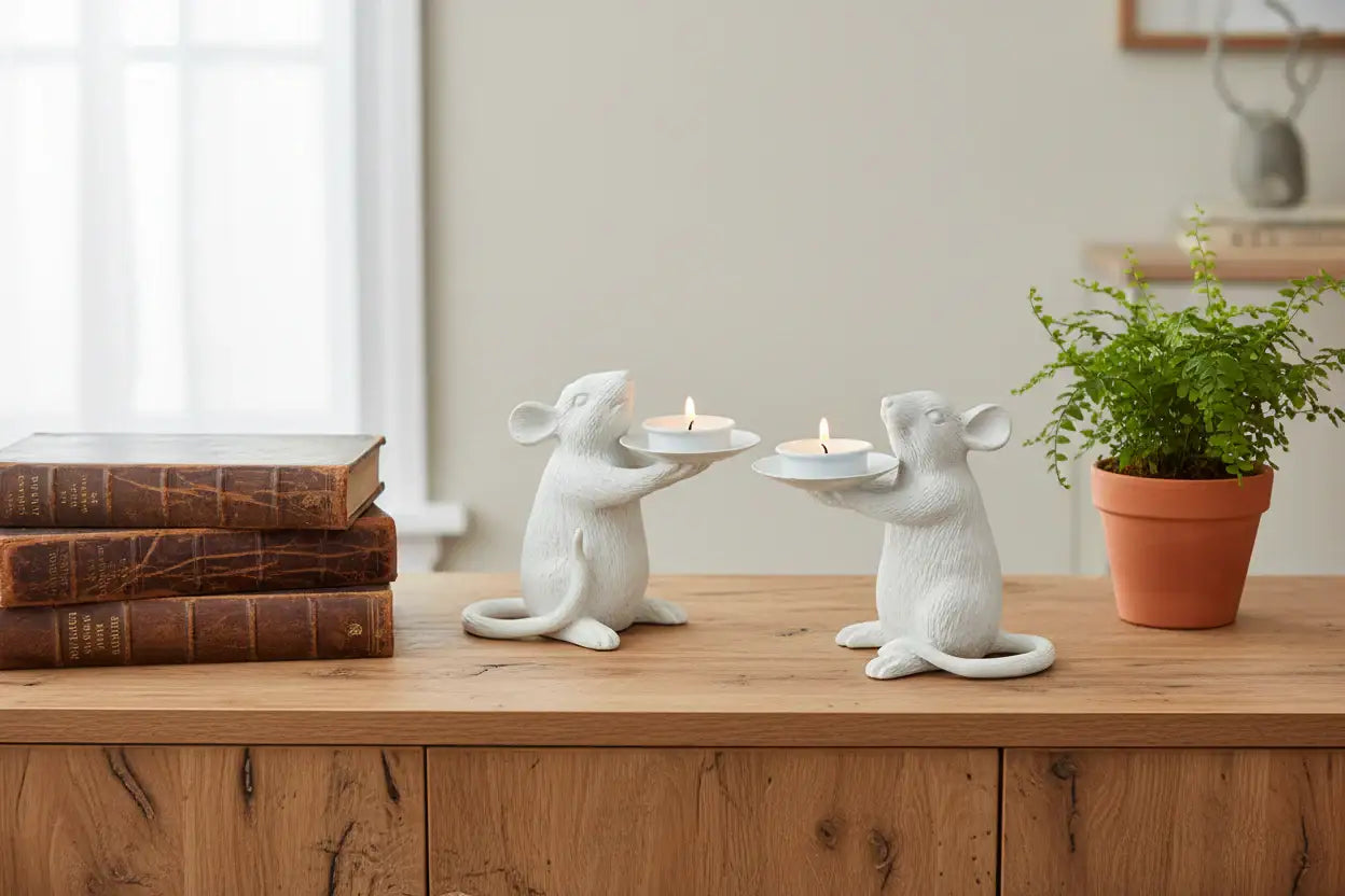 Set of Two Distressed White Mice Tea Light Holders 4