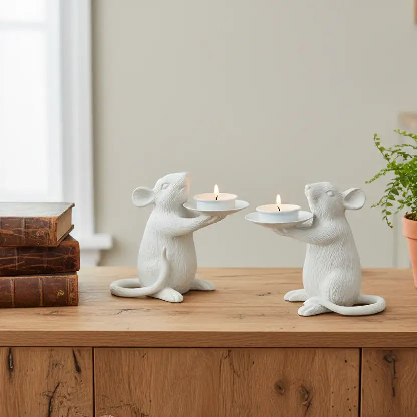 Set of Two Distressed White Mice Tea Light Holders