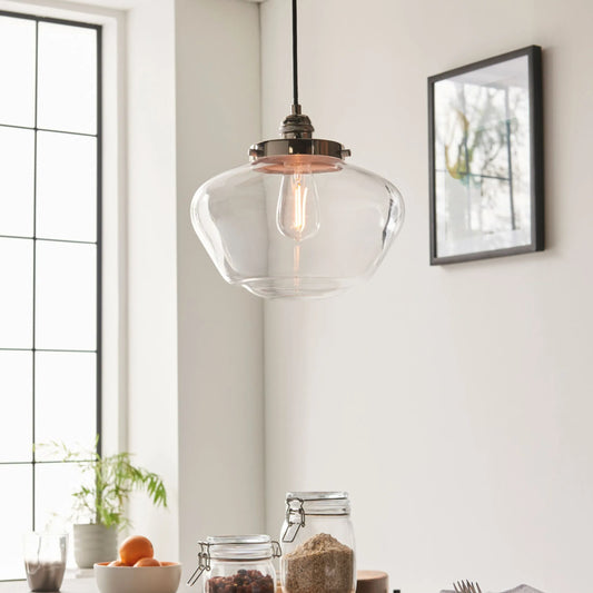 Shiny Nickel and Glass School House Pendant Light