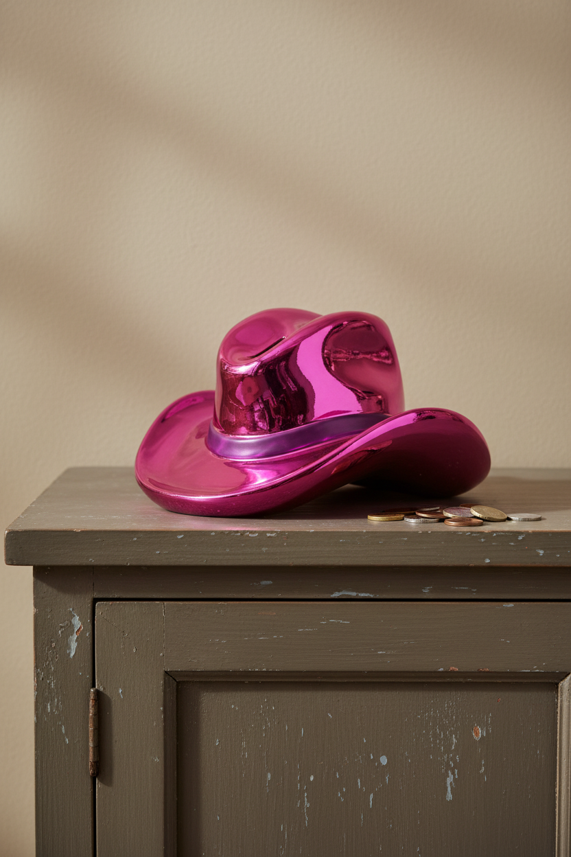A shiny metallic magenta pink cowboy hat resting on a distressed gray wooden cabinet against a beige wall.