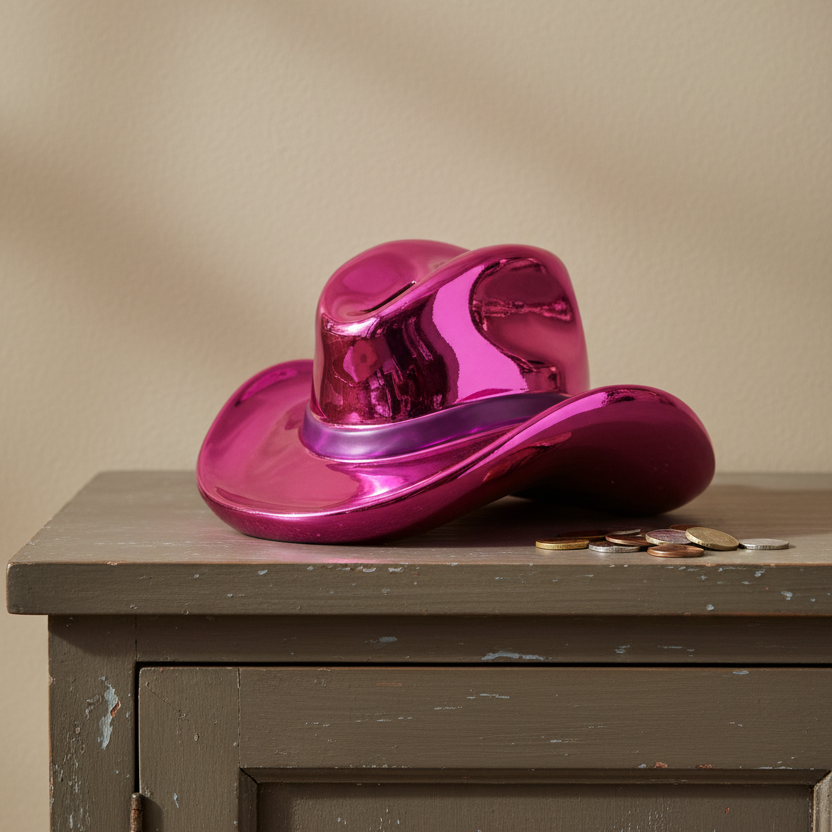 A shiny metallic magenta pink cowboy hat container with a coin slot on the brim, resting on a distressed gray wooden cabinet against a beige wall.