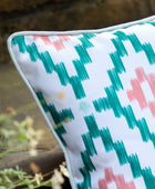 Showerproof Coral & Green Geometric Cushion