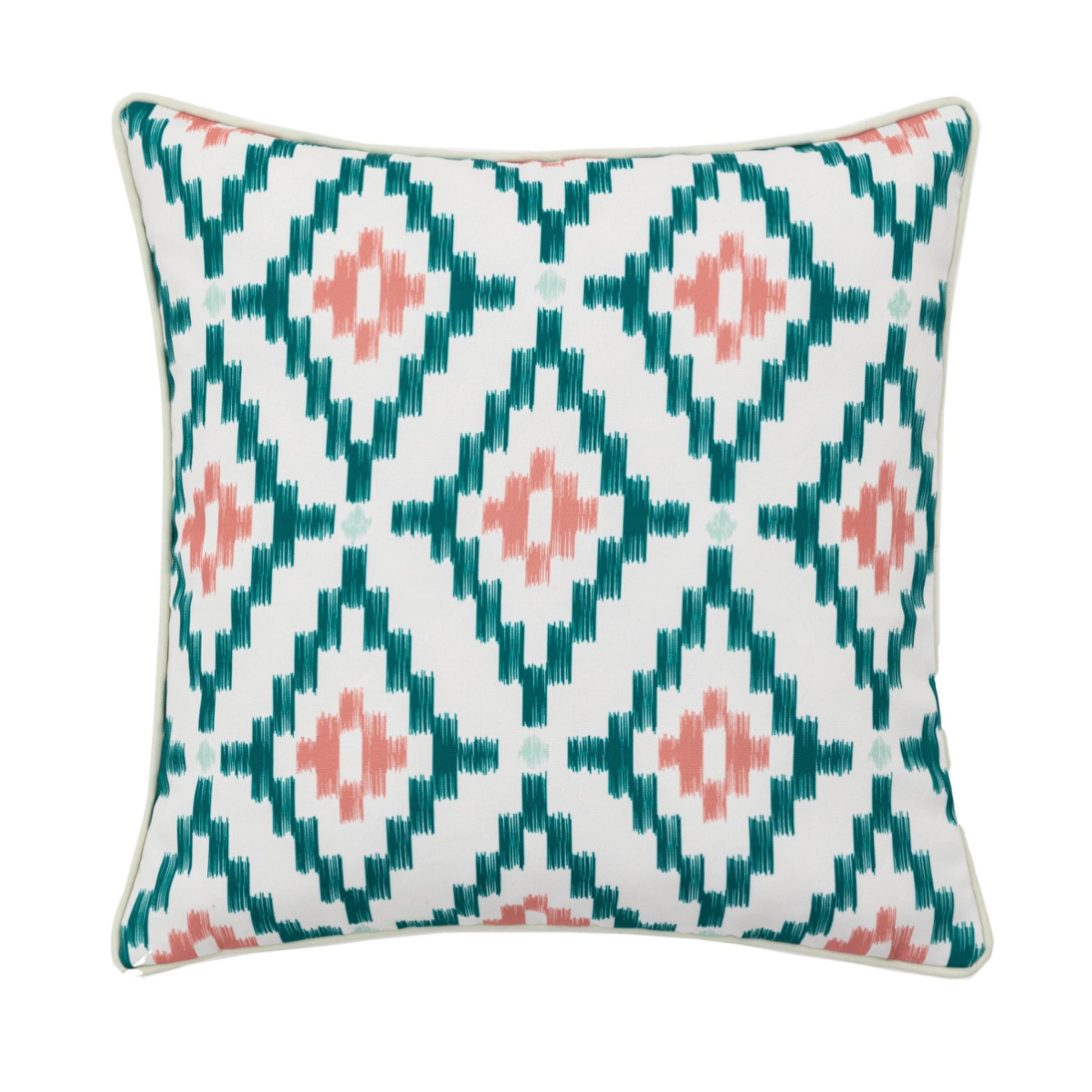 Showerproof Coral & Green Geometric Cushion 1