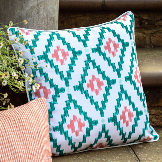 Showerproof Coral & Green Geometric Cushion 4