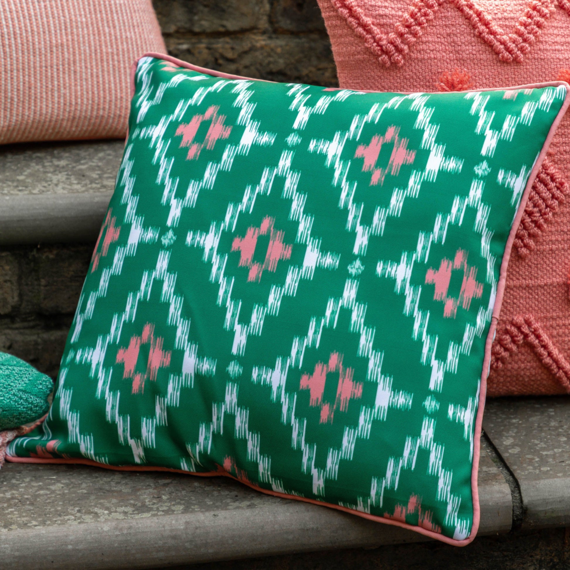 Showerproof Green & Coral Geometric Cushion 5