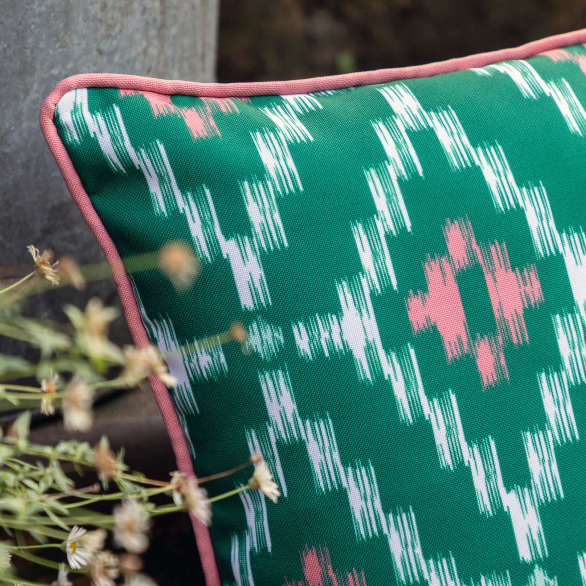 Showerproof Green & Coral Geometric Cushion