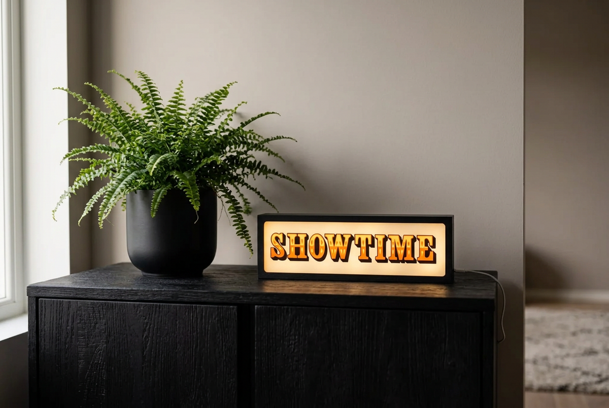 A rectangular illuminated sign reading "SHOWTIME" in raised gold letters on a warm cream background, placed on a dark cabinet beside a potted fern in a real indoor setting.