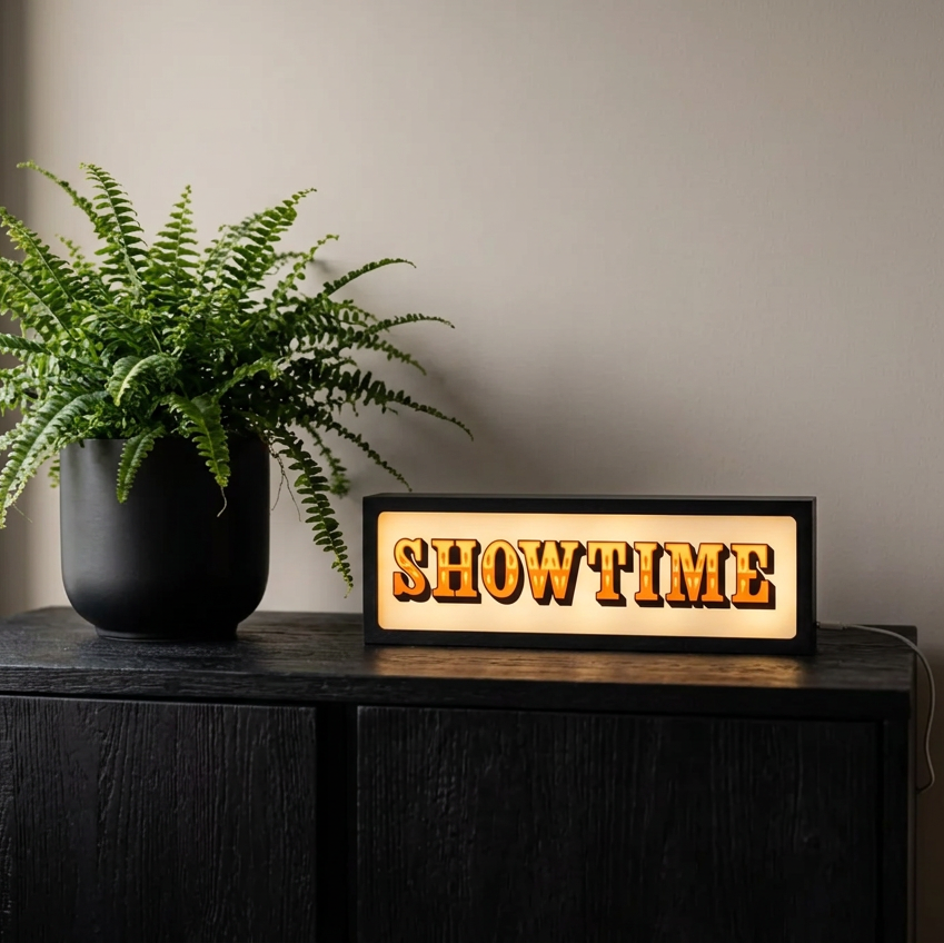 A rectangular illuminated sign reading “SHOWTIME” in warm amber letters on a black frame, placed on a dark wooden cabinet beside a potted green fern against a plain beige wall.