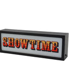 A rectangular lighted sign with the word 'SHOWTIME' in large red-orange letters outlined in black, set in a black frame against a white background.