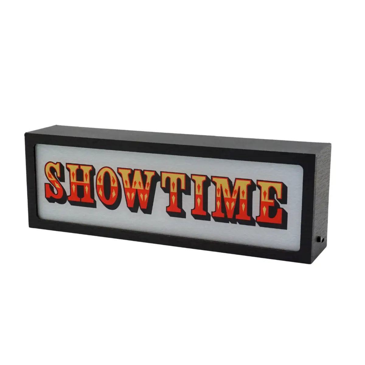 A rectangular lighted sign with the word 'SHOWTIME' in large red-orange letters outlined in black, set in a black frame against a white background.
