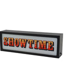 Rectangular sign with 'SHOWTIME' text on a white background
