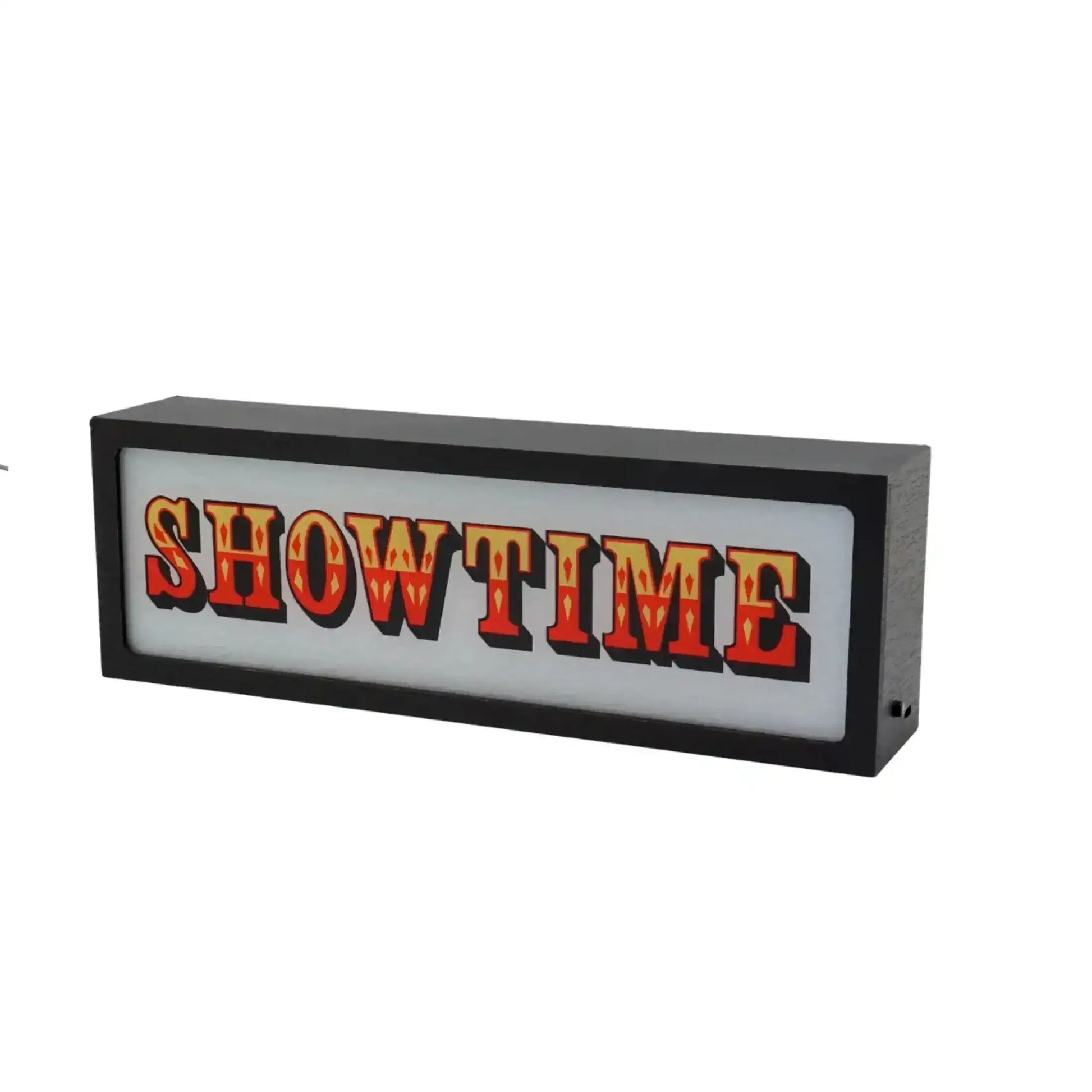 Rectangular sign with 'SHOWTIME' text on a white background