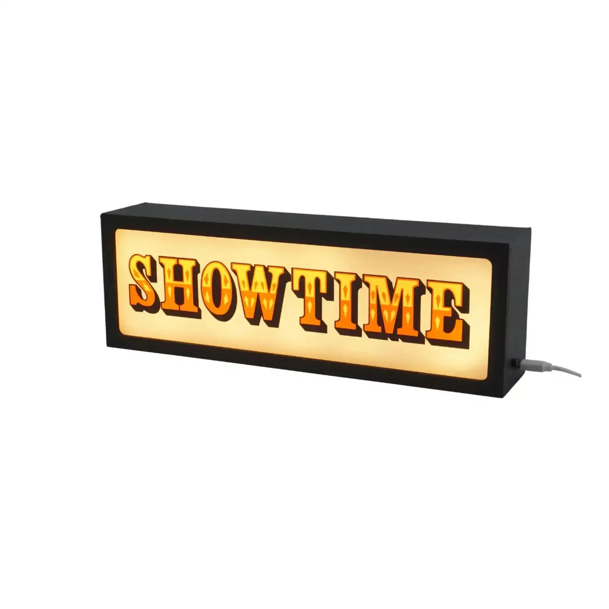 Neon sign with 'SHOWTIME' text on a white background