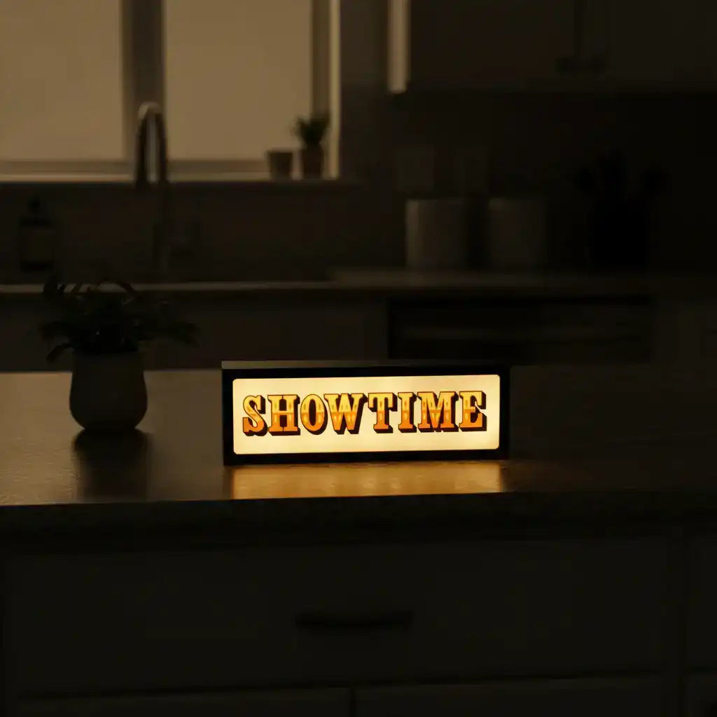 Decorative sign with 'SHOWTIME' on a kitchen counter