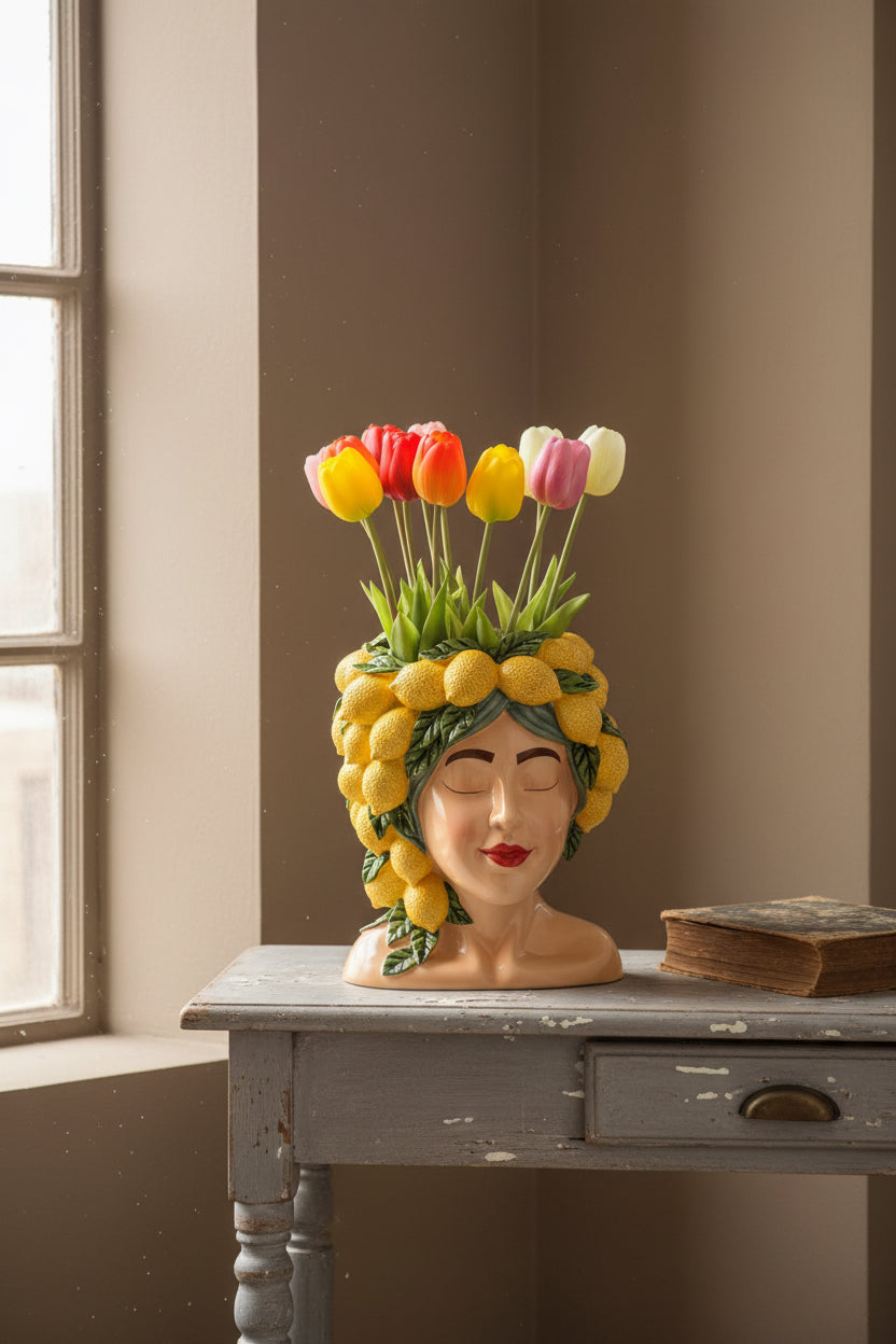Sicilian Lady Ceramic Bust Vase with Lemons 5