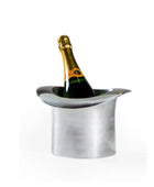 Bottle of champagne in a metal ice bucket on a white background