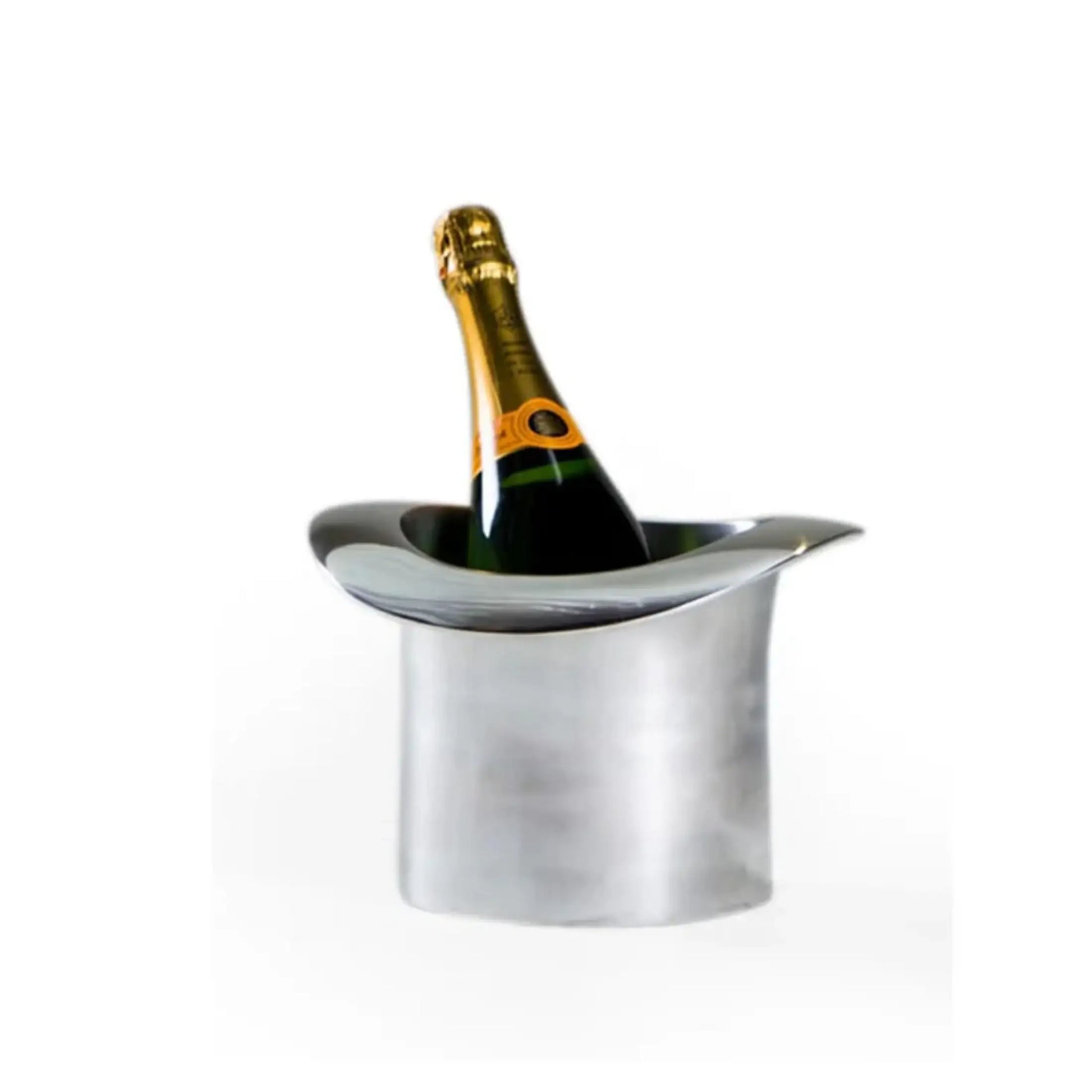 Bottle of champagne in a metal ice bucket on a white background