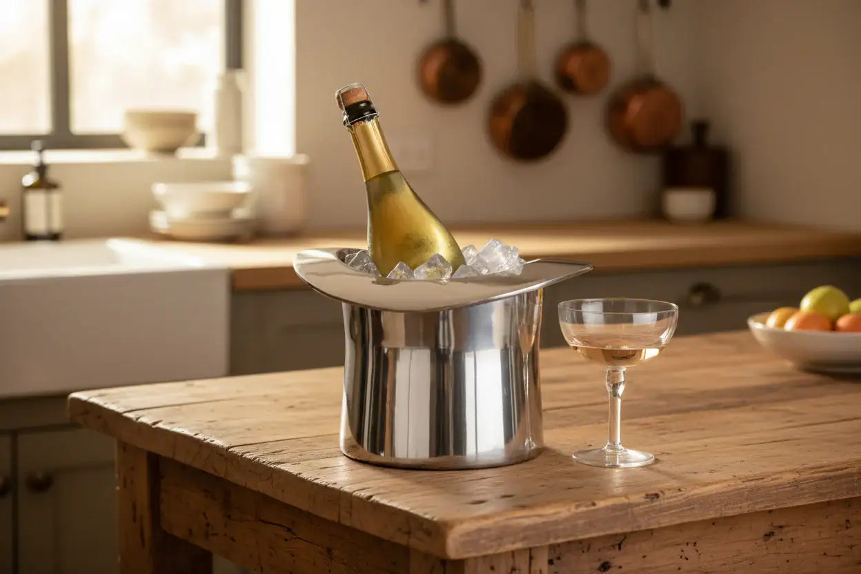 Bottle of champagne in a silver ice bucket with ice cubes on a dark surface.
