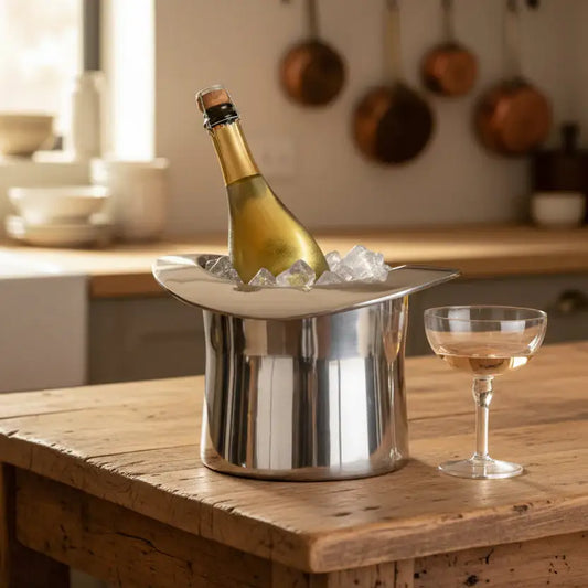 Bottle of champagne in a metal ice bucket on a wooden table with a glass in a kitchen setting.