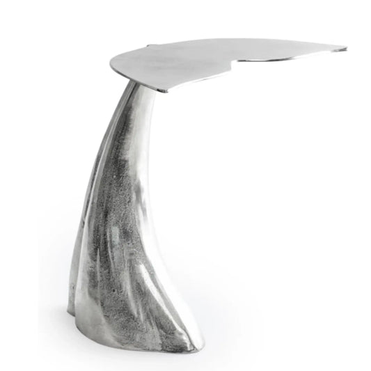 Metallic side table with a unique design on a white background