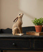 Decorative rabbit figurine on a black wooden surface with a plant and book