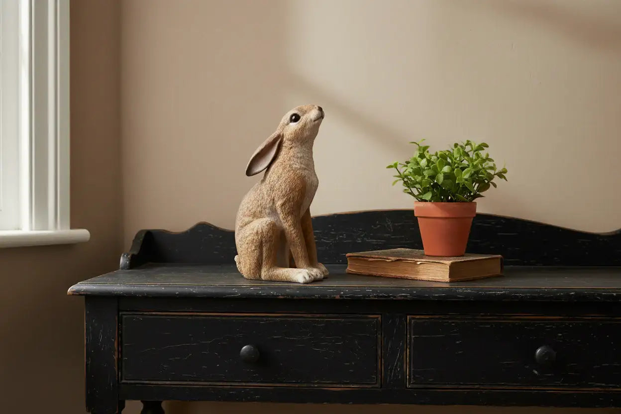 Decorative rabbit figurine on a black wooden surface with a plant and book
