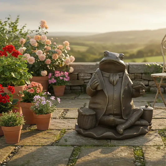 Frog statue in a garden with potted plants and a scenic background