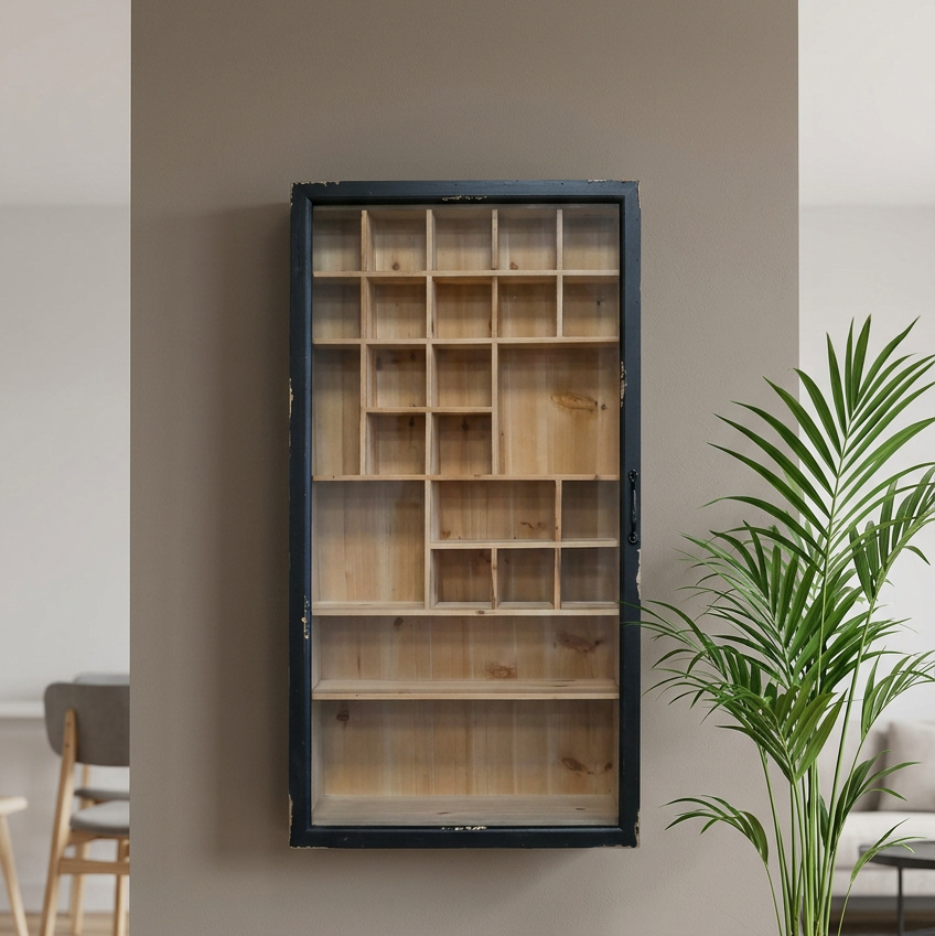 A tall, narrow wall-mounted wooden display cabinet with a dark navy frame and multiple small interior compartments, shown against a warm taupe wall with a green plant at the right edge.