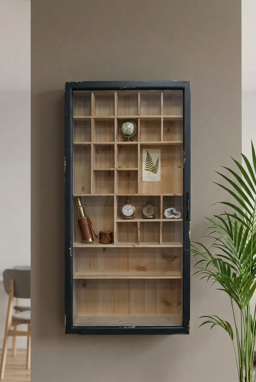 A rustic wooden display cabinet with a distressed black frame and multiple small compartments, mounted on a warm gray wall next to a green plant.