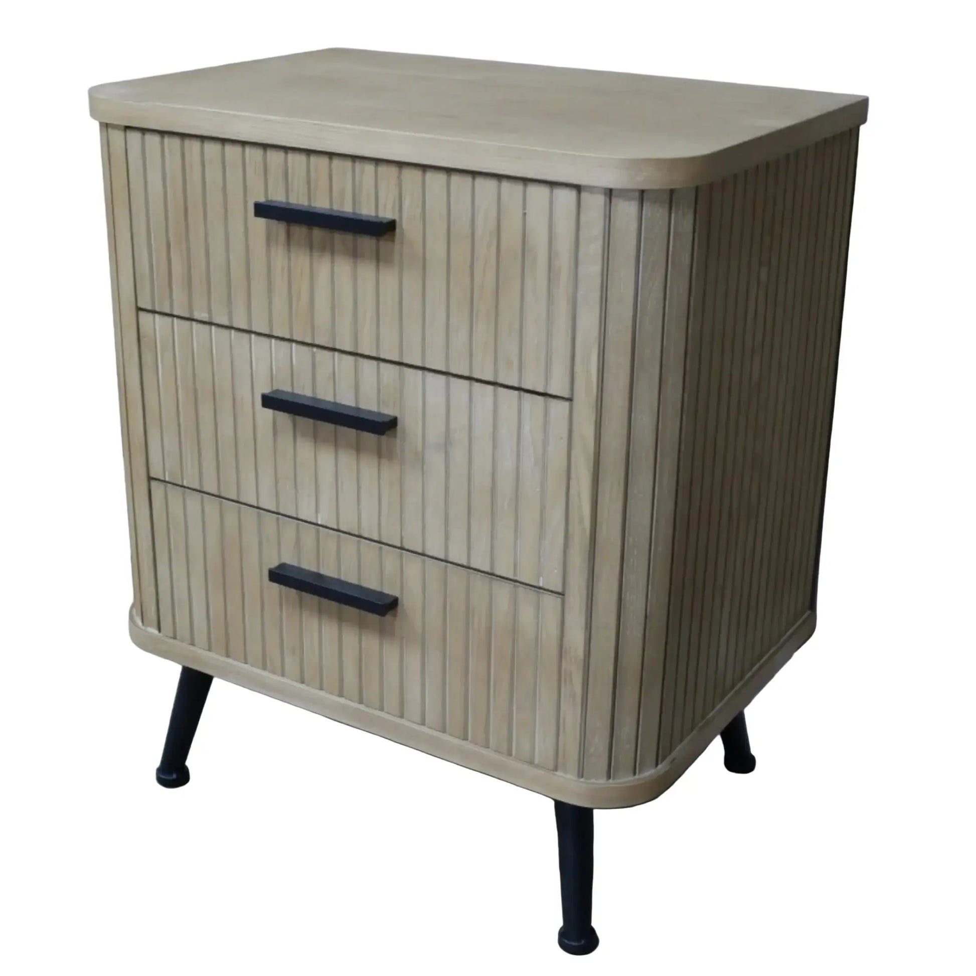 Wooden cabinet with three drawers and black handles on a wooden floor.